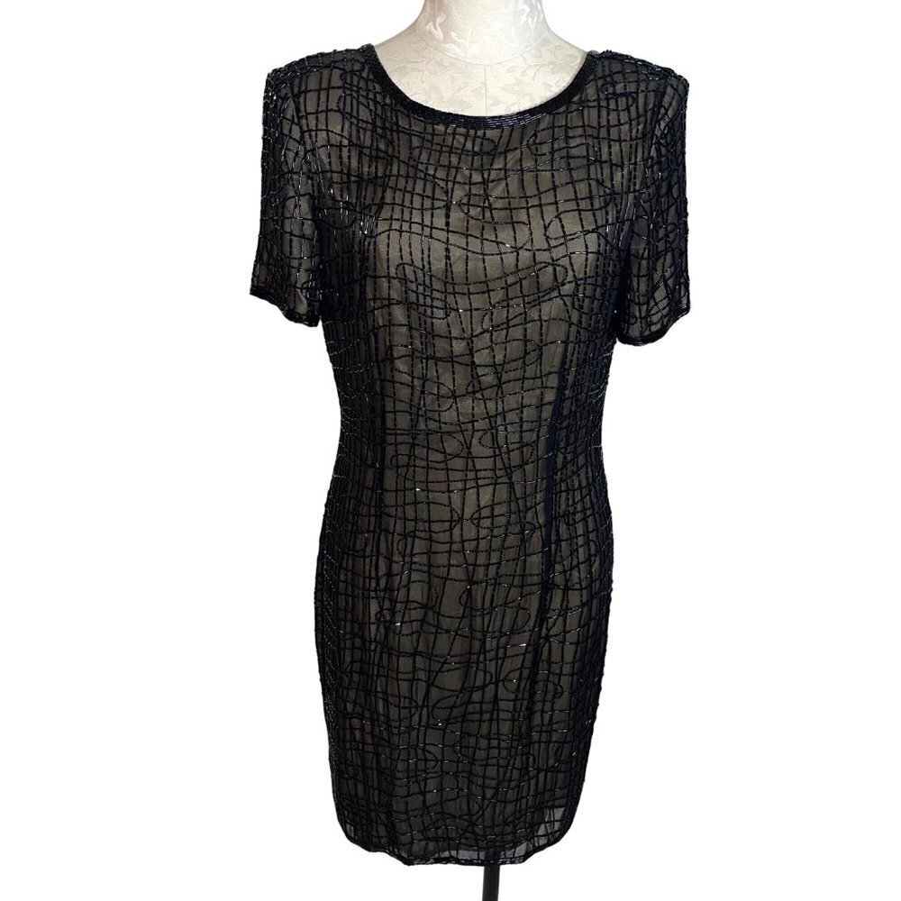 A.J. Bari Womens Dress Black Size 12 Vintage Beaded Shift Pure Silk Cocktail
